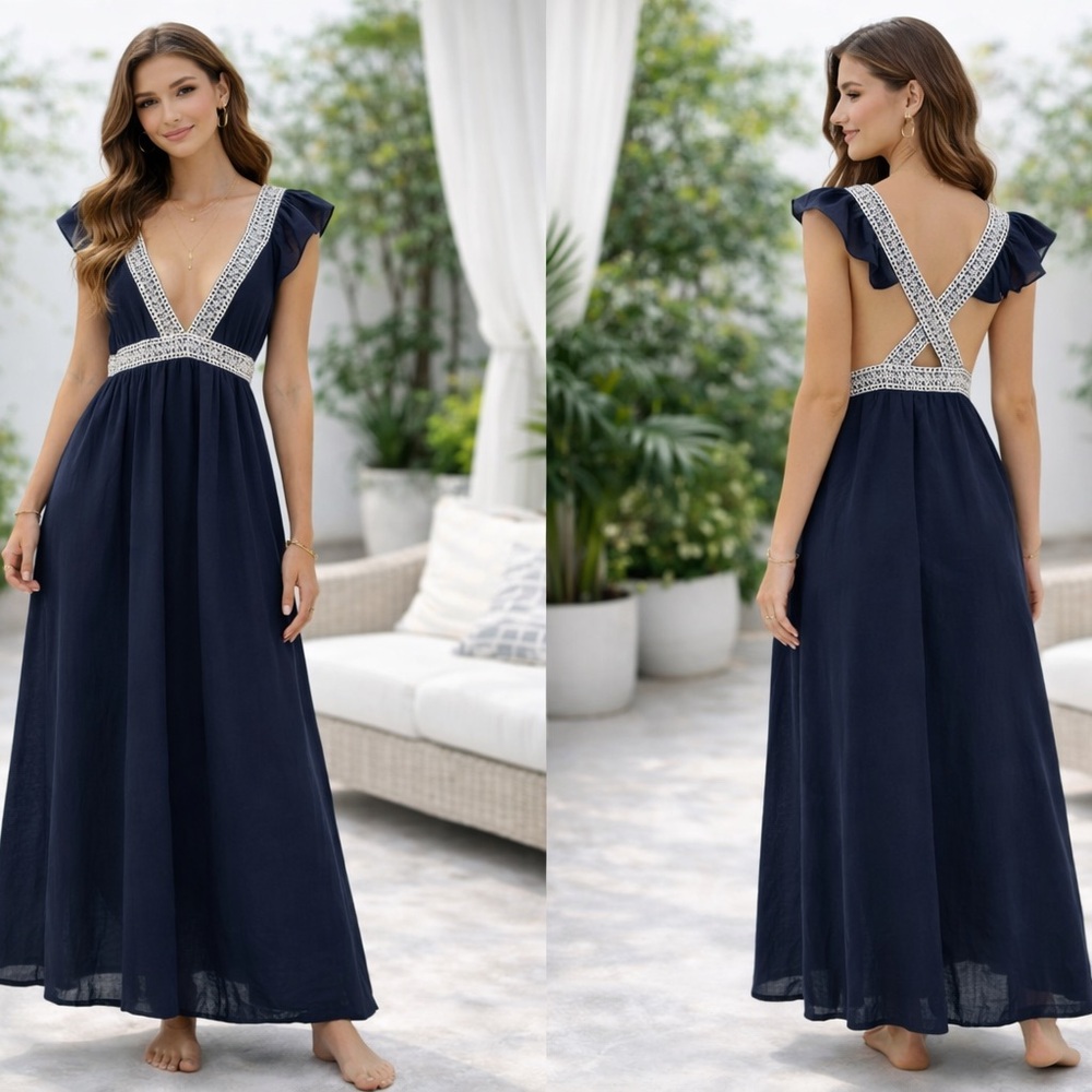 J.Crew Navy Maxi Dress Lace Trim Deep V-Neck Crisscross Back Flutter Sleeves